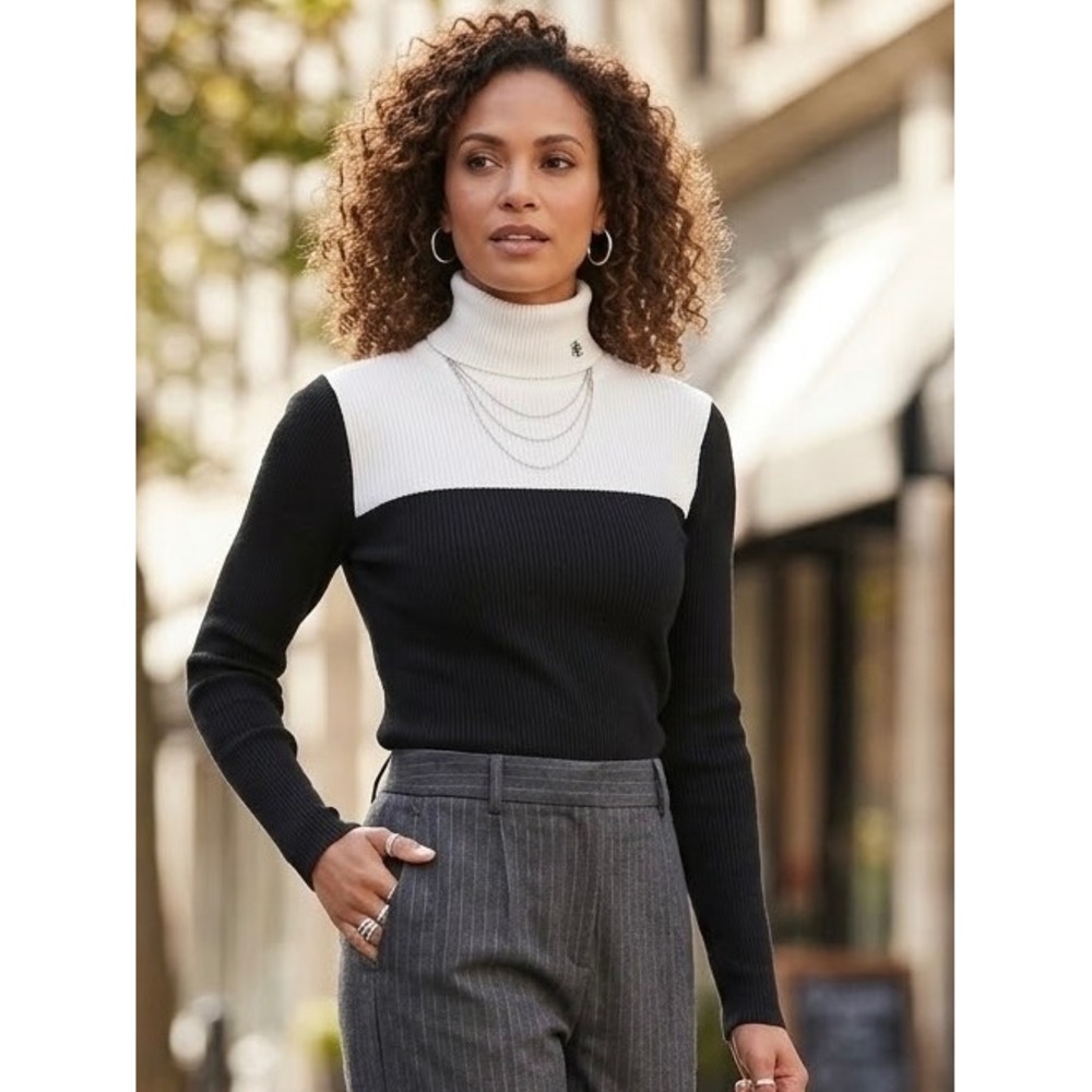 Lauren Ralph Lauren Turtleneck Sweater Womens M Black White Colorblock Cotton